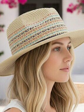 Multicolor Woven Fedora Hat with Ribbon Band